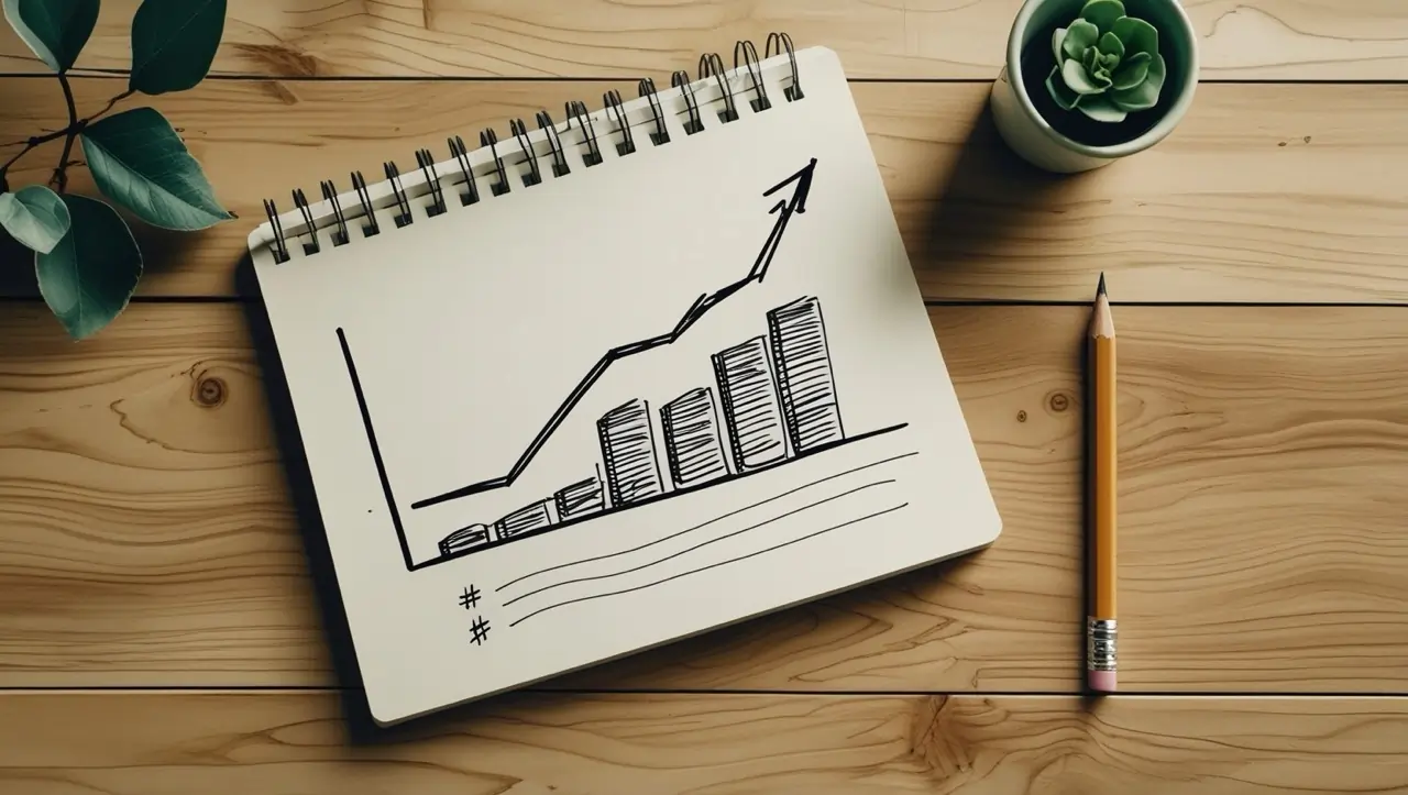 A growth chart on a notepad, a pencil, and a plant