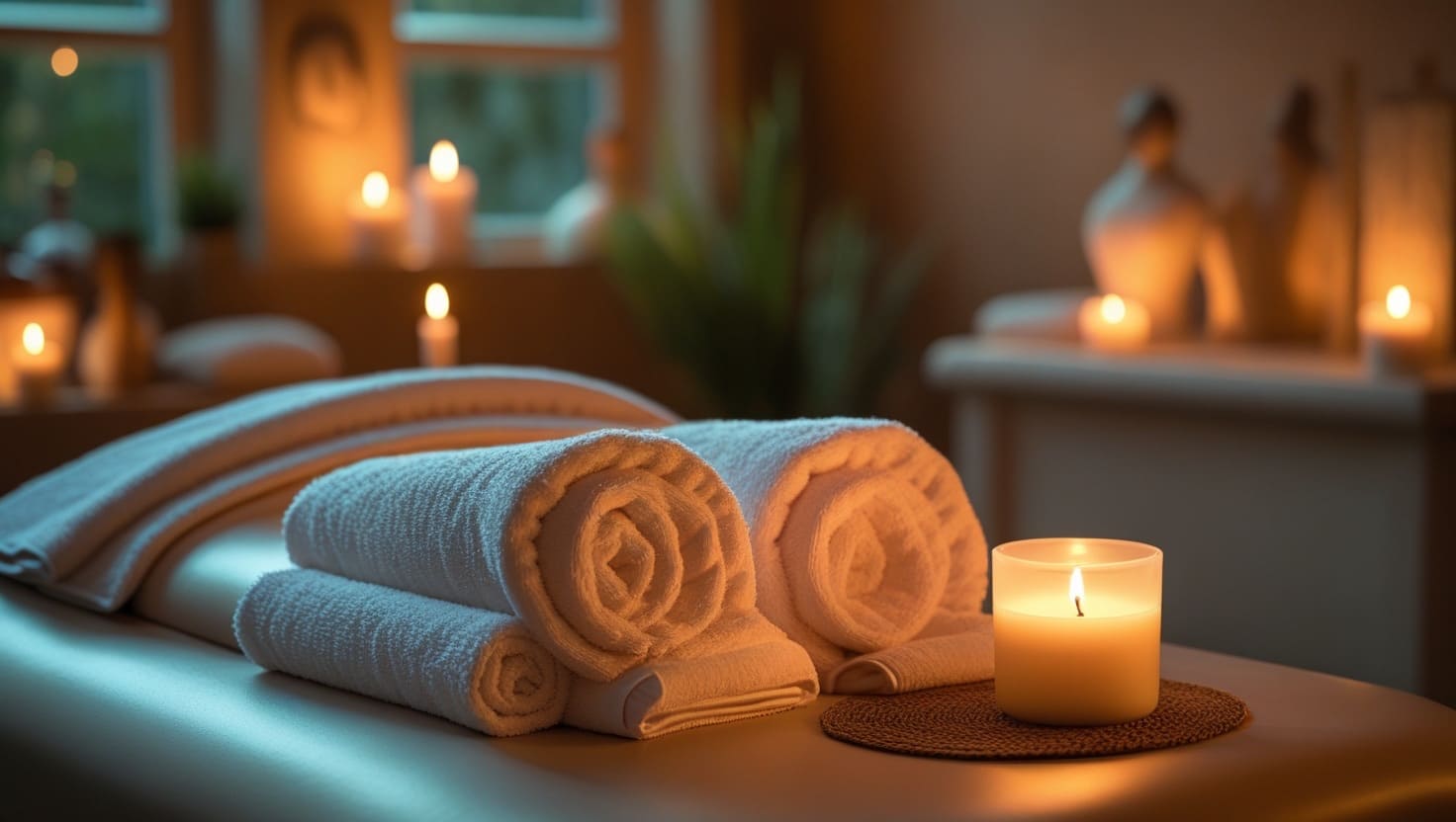 Towels and a burning candle on a massage table