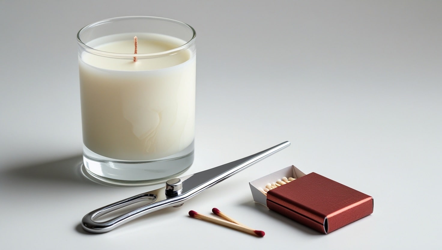 a candle, a wick trimmer, two burnt matches, and a matchbox on a white surface