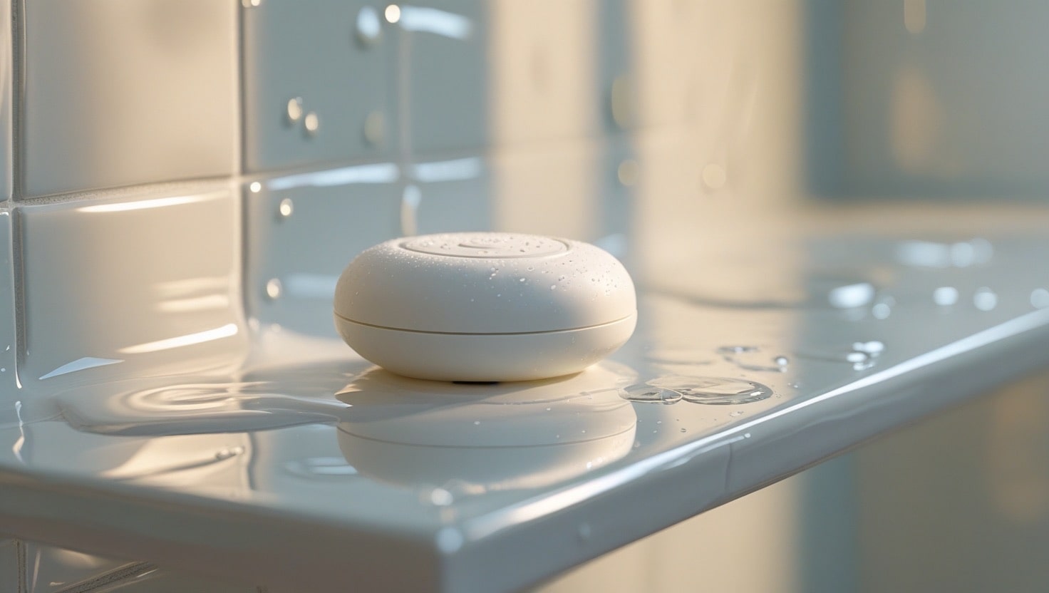 a white shower steamer tablet sits on a shower shelf, surrounded by wet tiles.