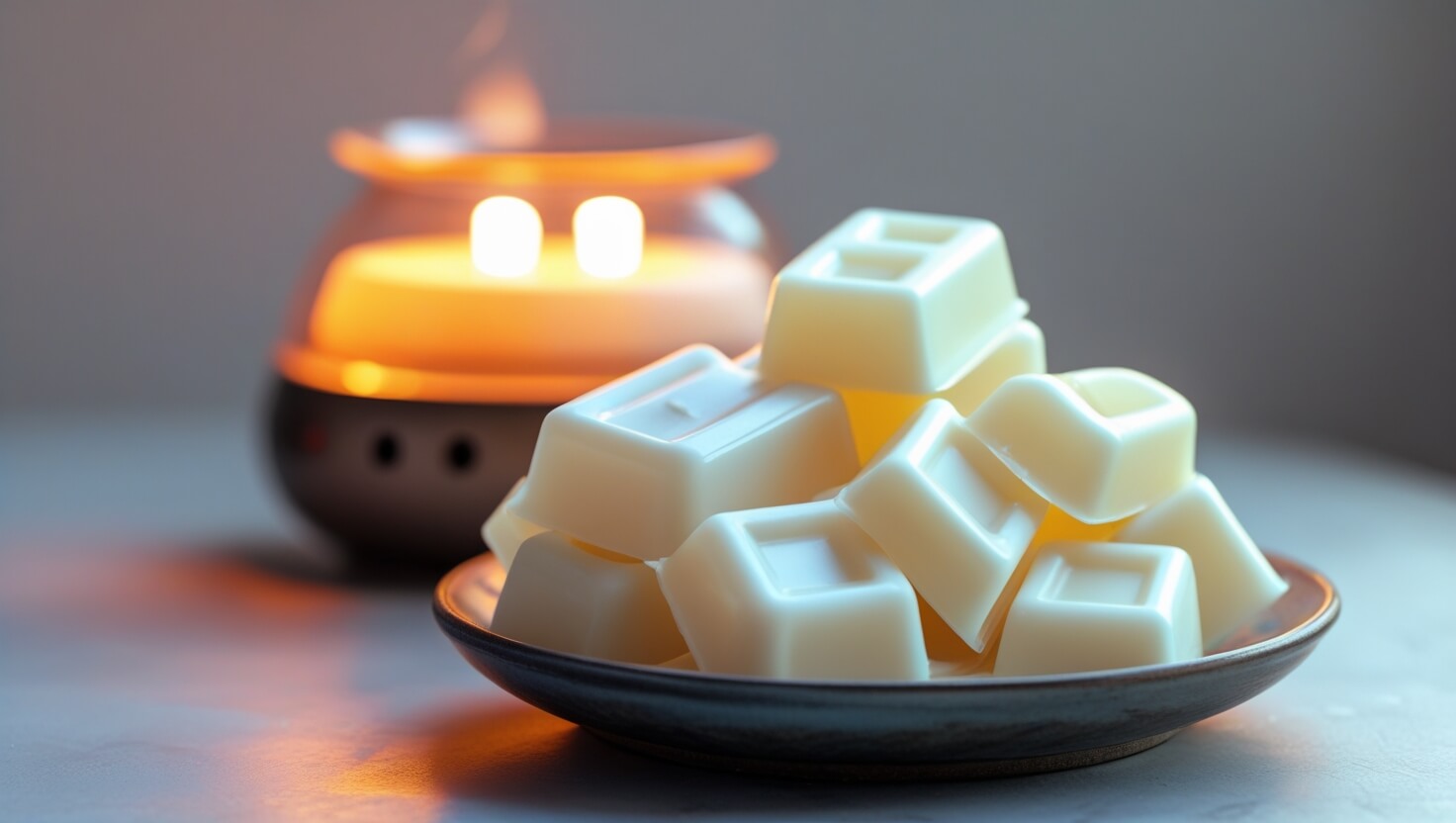 A few white wax melts arranged on a plate in front of a glowing wax warmer.